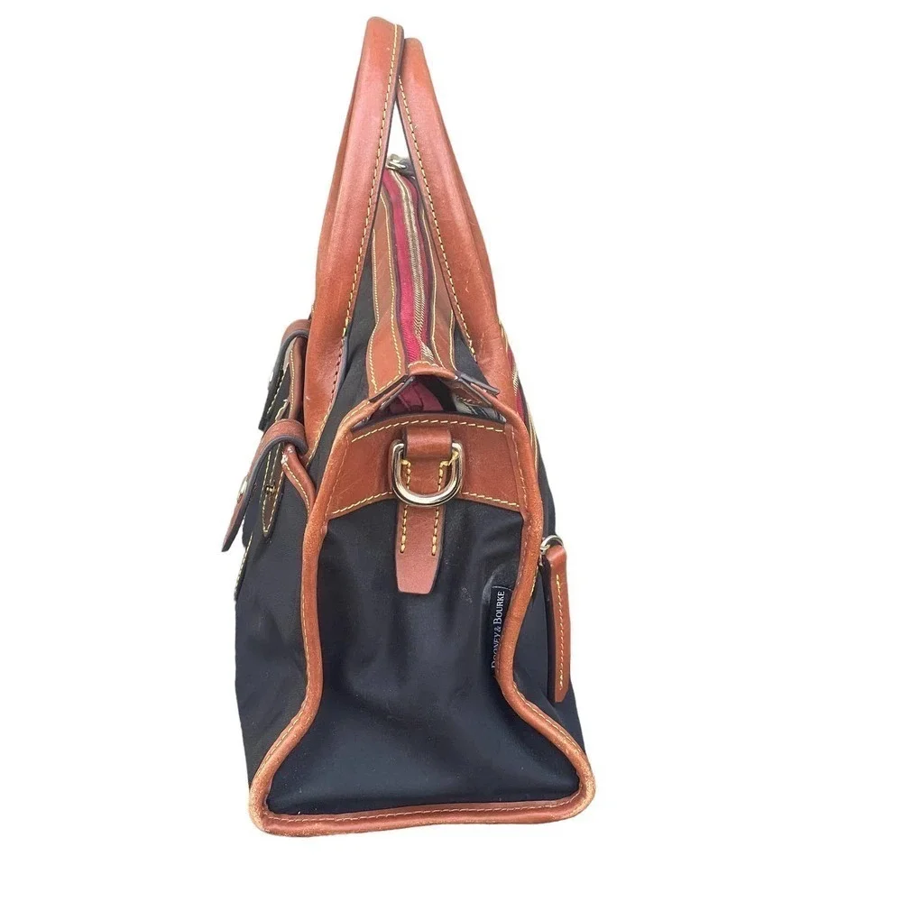Dooney & Bourke Camden Saffiano Black Nylon Satchel w Brown Leather Trim